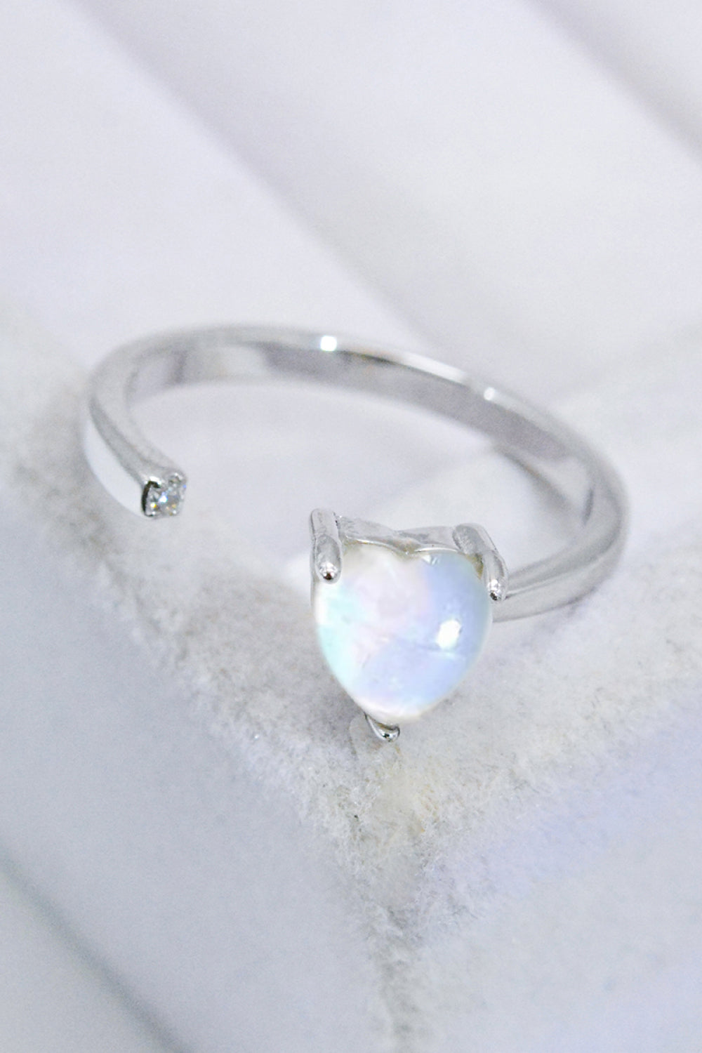 Inlaid Moonstone Heart Adjustable Open Ring-Teresa&#39;s Fashionista LLC