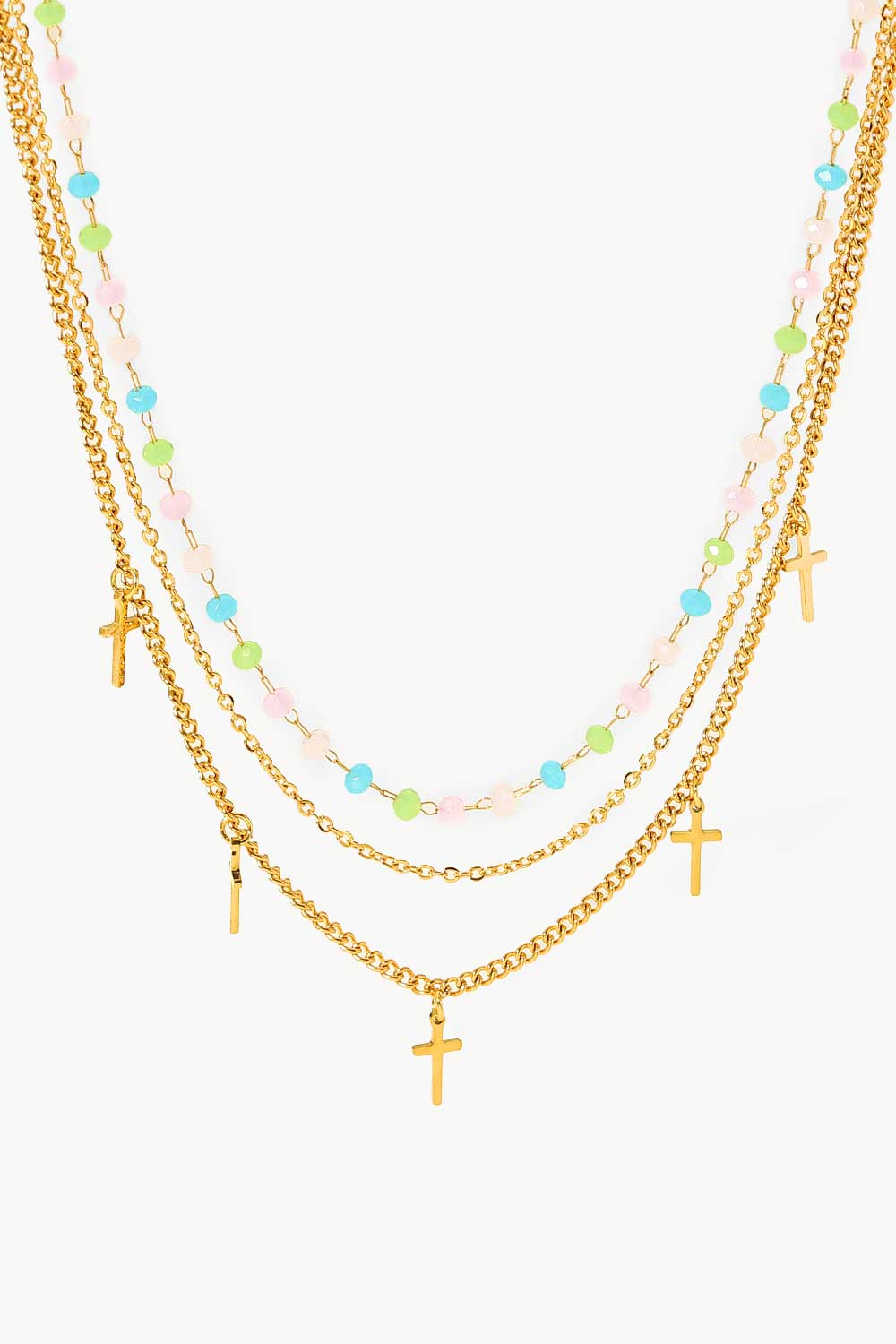 18K Gold Plated Cross Pendant Triple-Layered Necklace-Teresa&#39;s Fashionista LLC