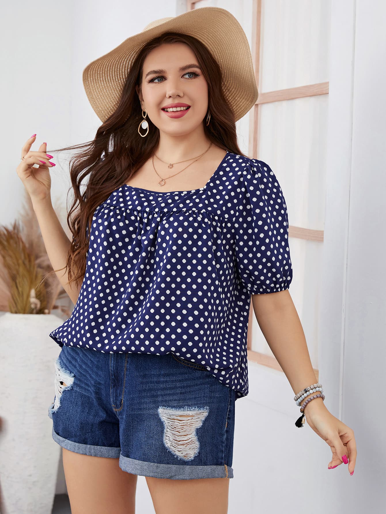 Plus Size Polka Dot Square Neck Blouse-Teresa&#39;s Fashionista LLC