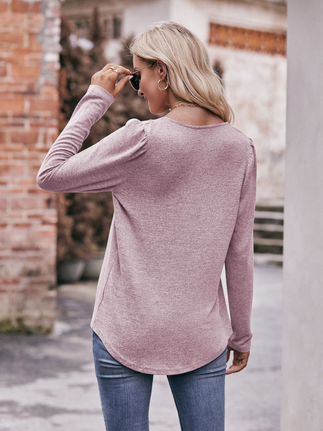 Pleated Detail Curved Hem Long Sleeve Top-Teresa&#39;s Fashionista LLC