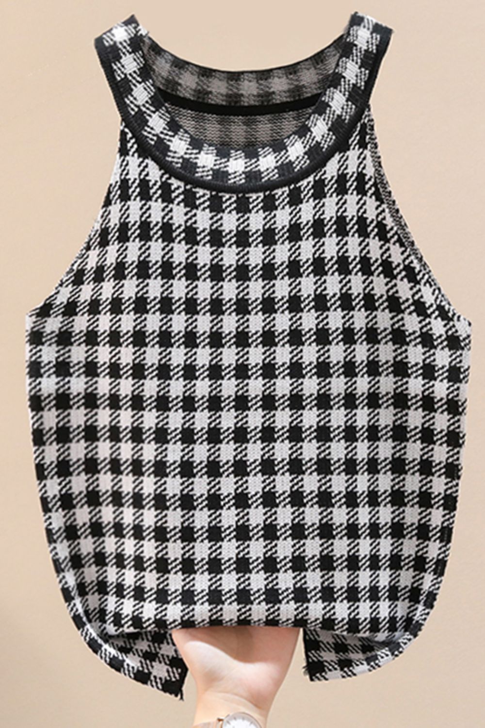 Plaid Round Neck Sleeveless Knit Top-Teresa&#39;s Fashionista LLC