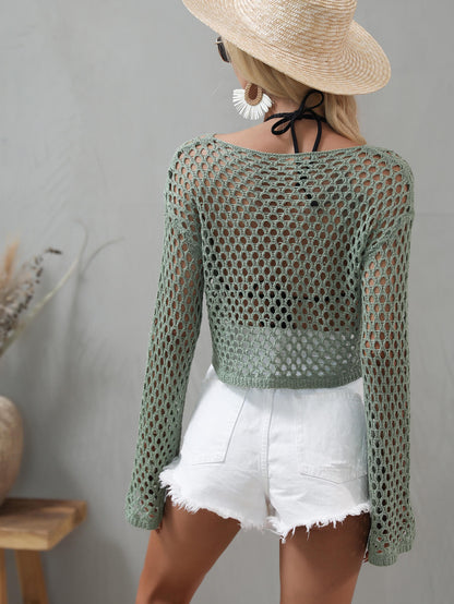 Openwork Flare Sleeve Cropped Cover Up-Teresa&#39;s Fashionista LLC