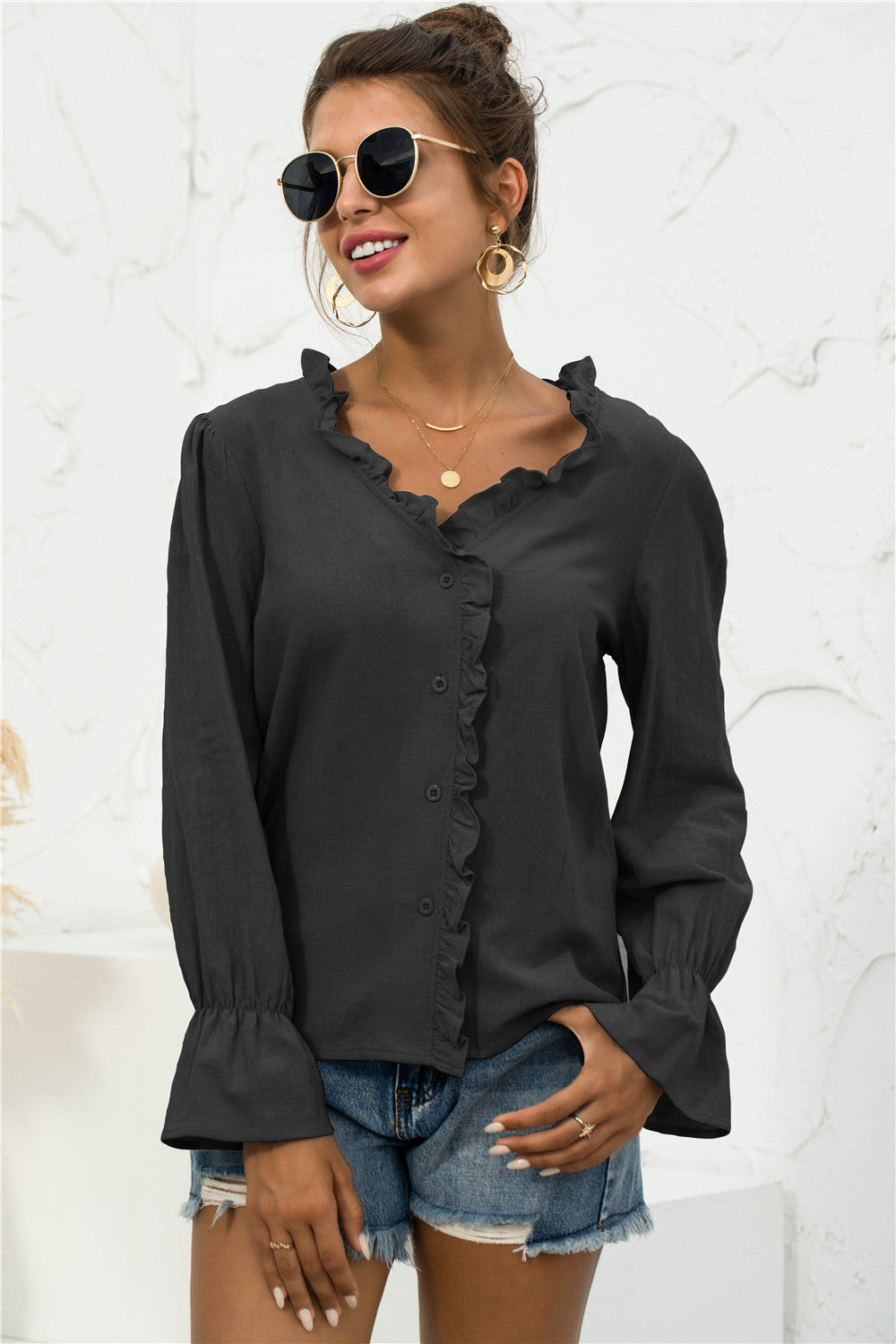 Frill Trim V-Neck Flounce Sleeve Shirt-Teresa&#39;s Fashionista LLC