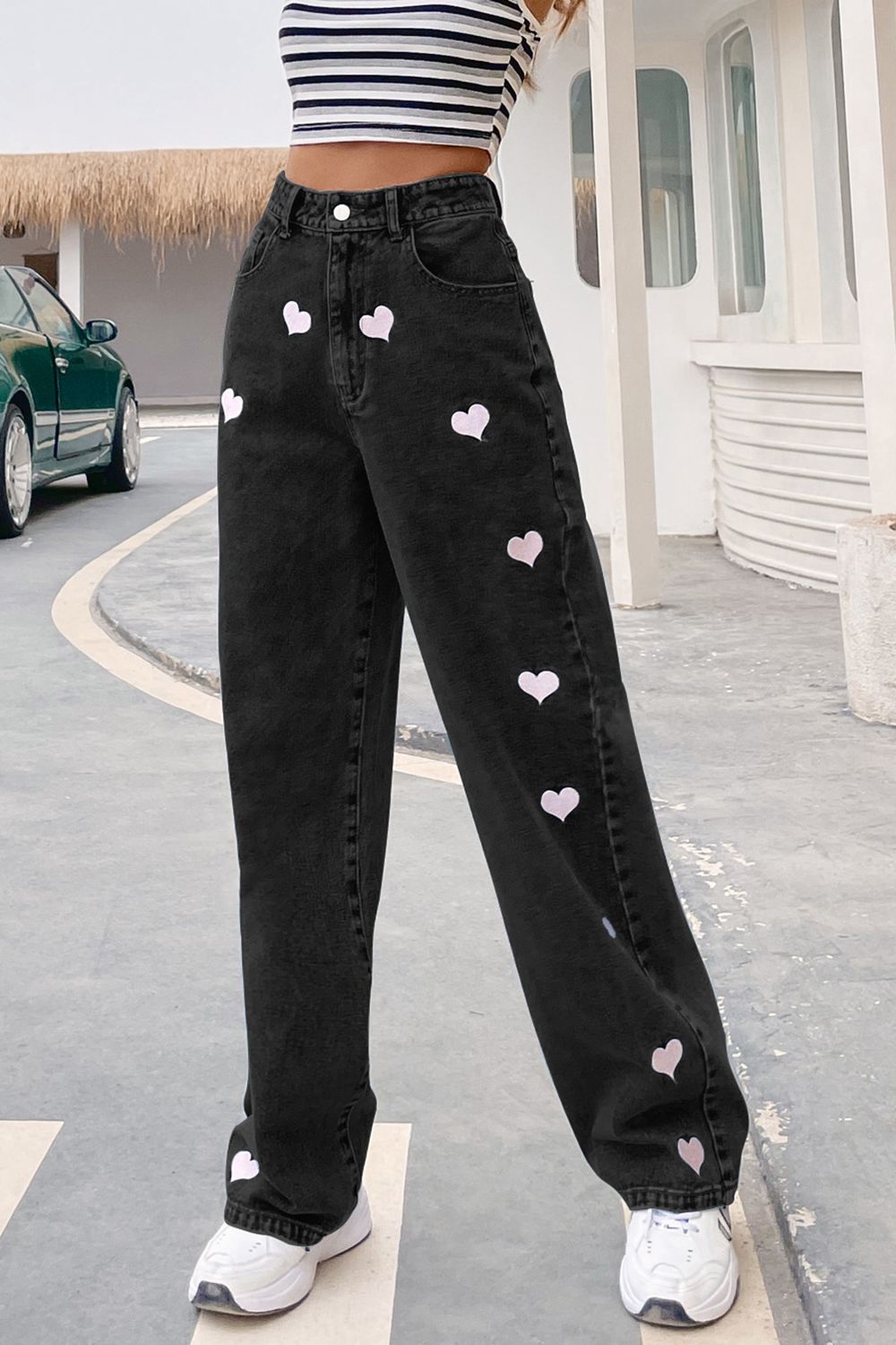 Heart Print Buttoned Jeans-Teresa&#39;s Fashionista LLC