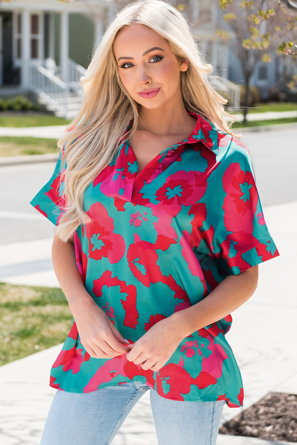 Printed Johnny Collar Short Sleeve Top-Teresa&#39;s Fashionista LLC