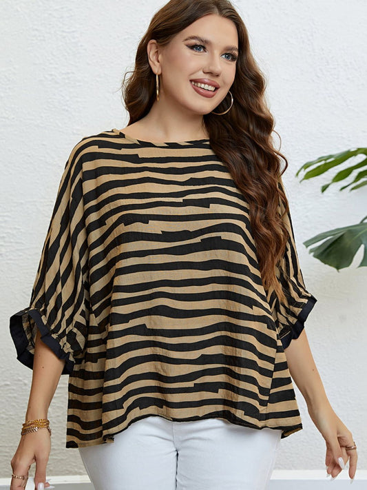 Plus Size Striped Three-Quarter Sleeve Boat Neck Top-Teresa&#39;s Fashionista LLC