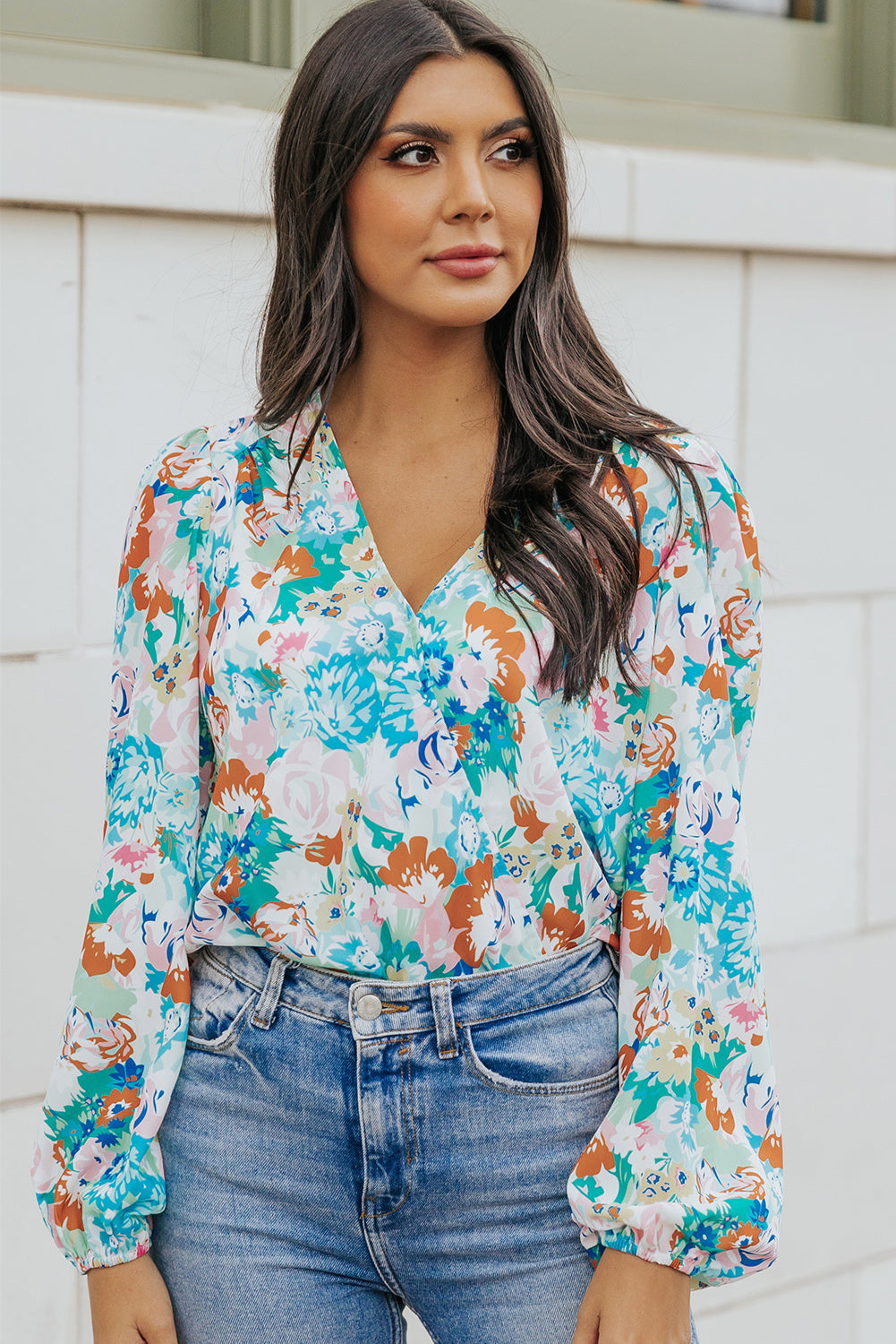 Floral Long Balloon Sleeve Bodysuit-Teresa&#39;s Fashionista LLC