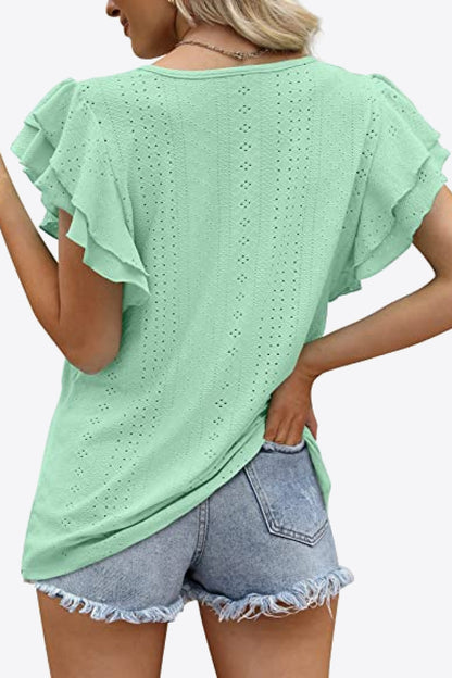 Round Neck Layered Flutter Sleeve Blouse-Teresa&#39;s Fashionista LLC