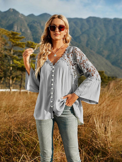 Spliced Lace Buttoned Blouse-Teresa&#39;s Fashionista LLC