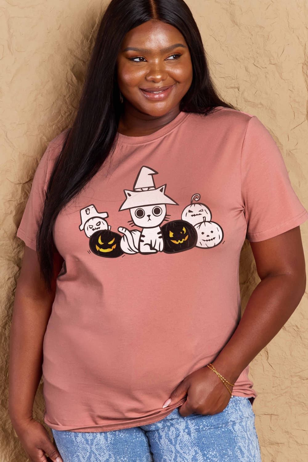 Simply Love Full Size Cat & Pumpkin Graphic Cotton T-Shirt-Teresa&#39;s Fashionista LLC