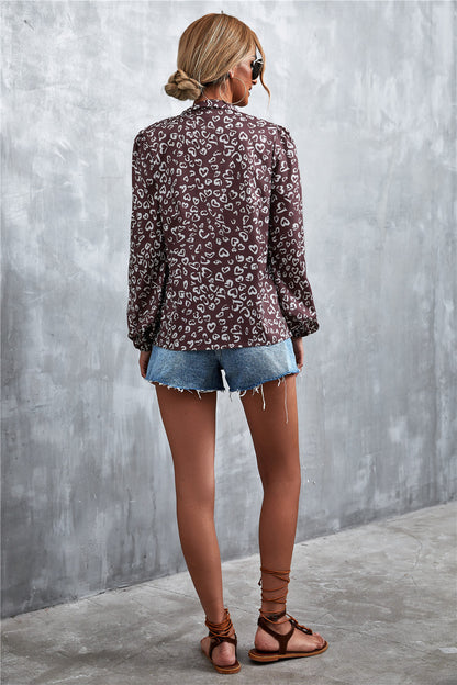 Printed Tie Neck Puff Sleeve Blouse-Teresa&#39;s Fashionista LLC