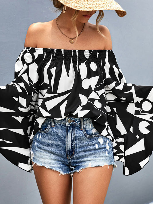 Printed Off-Shoulder Bell Sleeve Blouse-Teresa&#39;s Fashionista LLC