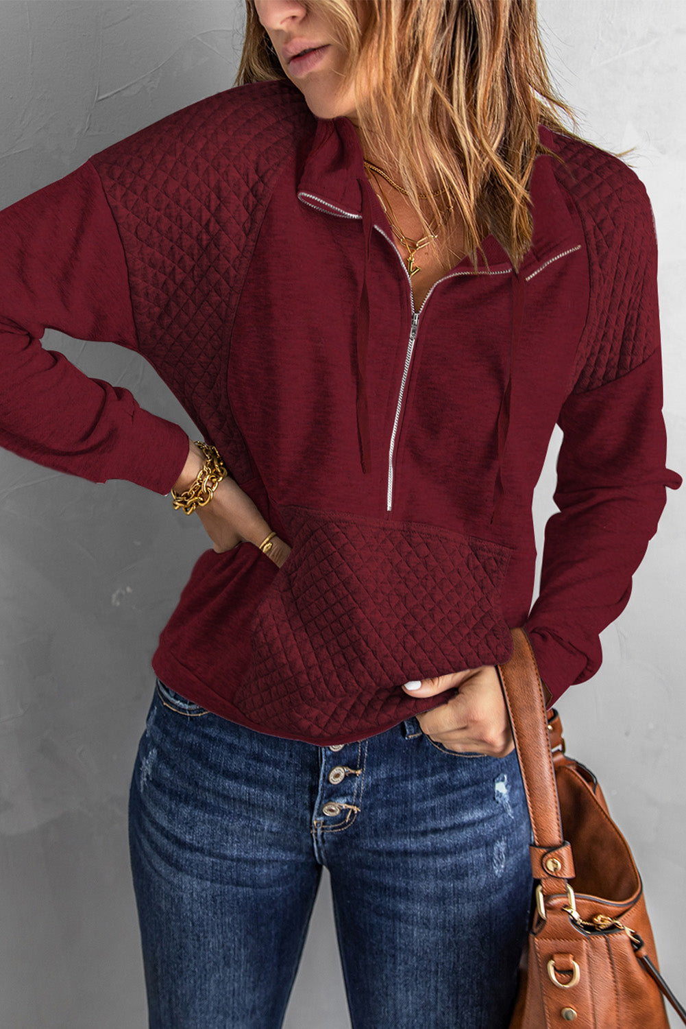 Quilted Half-Zip Sweatshirt with Pocket-Teresa&#39;s Fashionista LLC