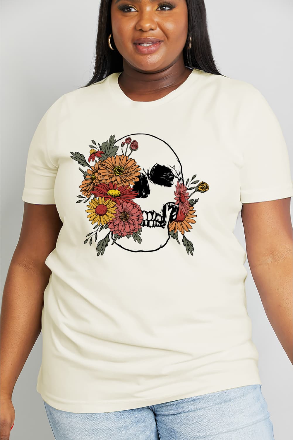 Simply Love Full Size Flower Skull Graphic Cotton Tee-Teresa&#39;s Fashionista LLC