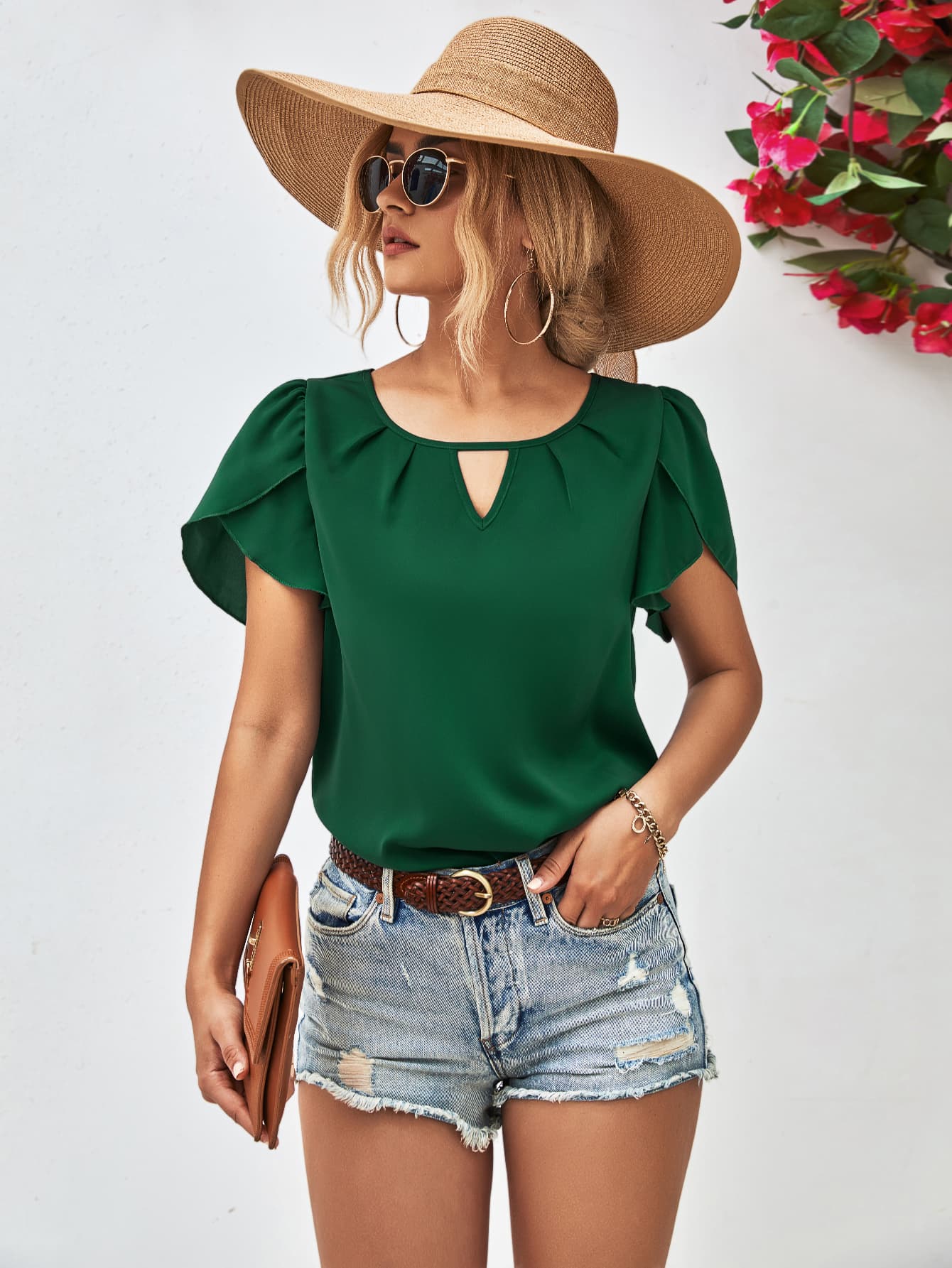 Cutout Round Neck Petal Sleeve Blouse-Teresa&#39;s Fashionista LLC