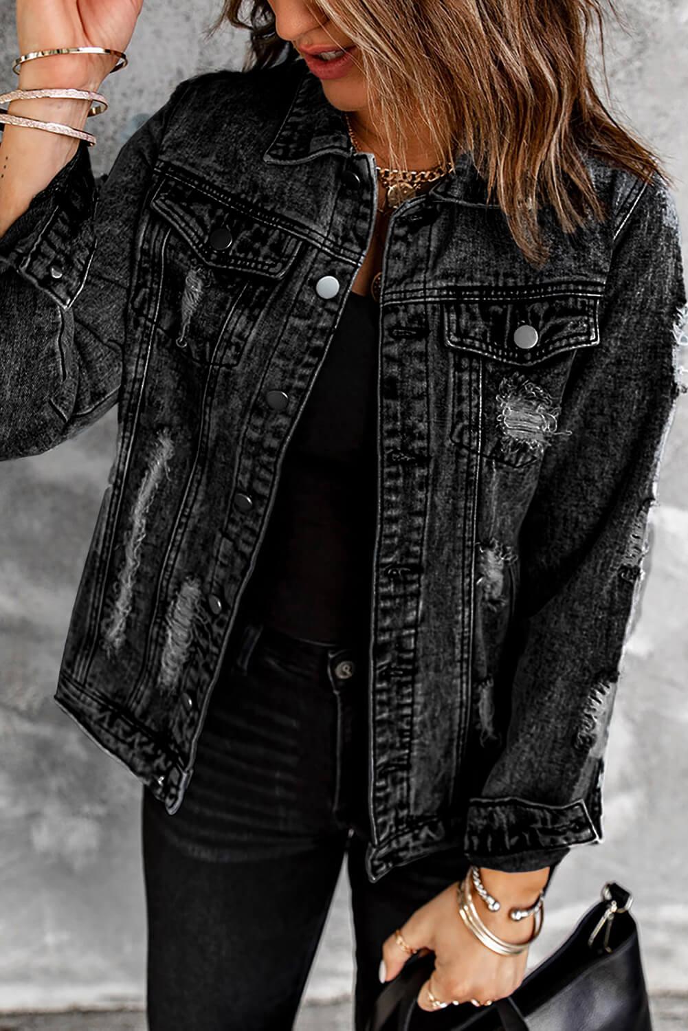 Acid Wash Distressed Denim Jacket-Teresa&#39;s Fashionista LLC