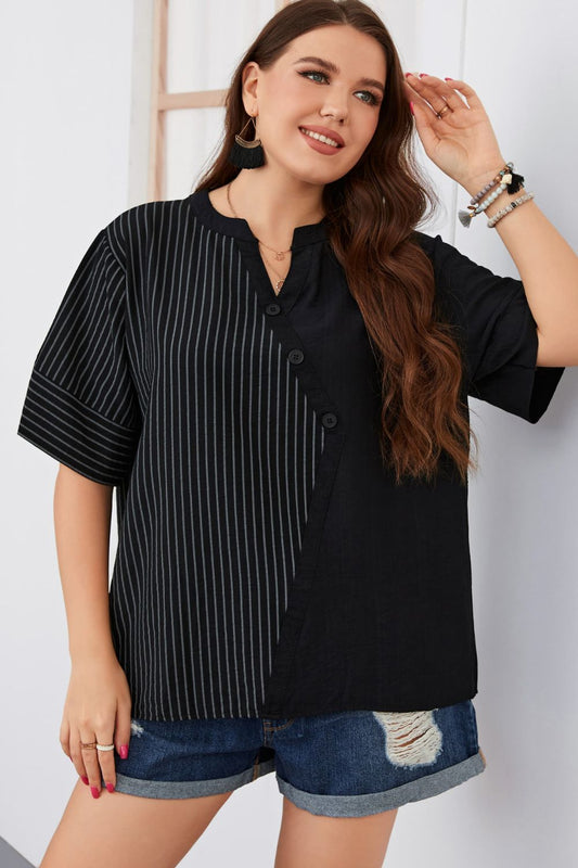 Plus Size Striped Notched Neck Half Sleeve Top-Teresa&#39;s Fashionista LLC