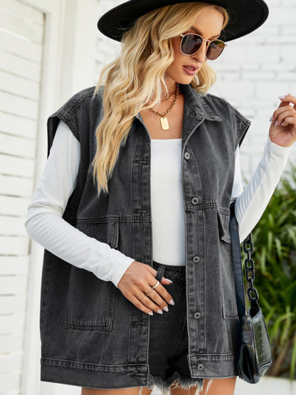 Collared Neck Sleeveless Denim Top with Pockets-Teresa&#39;s Fashionista LLC