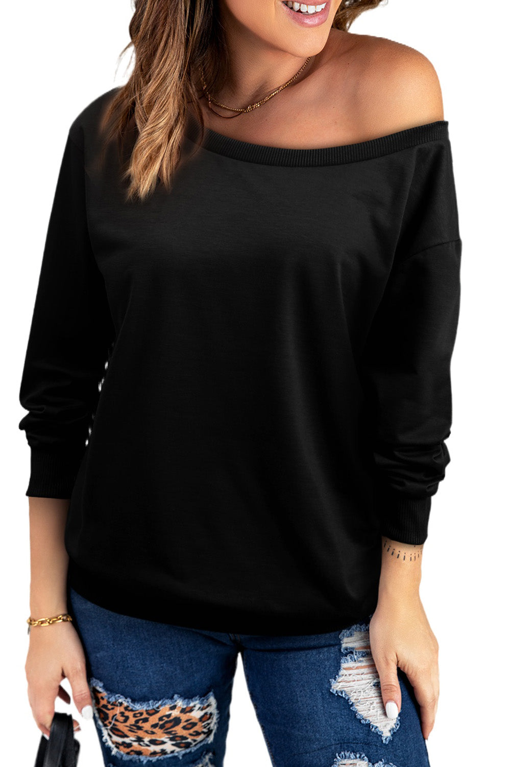 Boat Neck Long Sleeve Sweatshirt-Teresa&#39;s Fashionista LLC