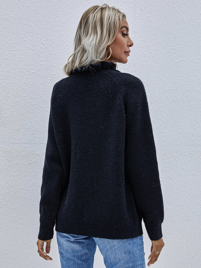 Button Detail Frill Neck Rib-Knit Sweater-Teresa&#39;s Fashionista LLC