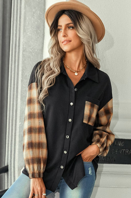 Plaid Dropped Shoulder Shirt with Breast Pocket-Teresa&#39;s Fashionista LLC