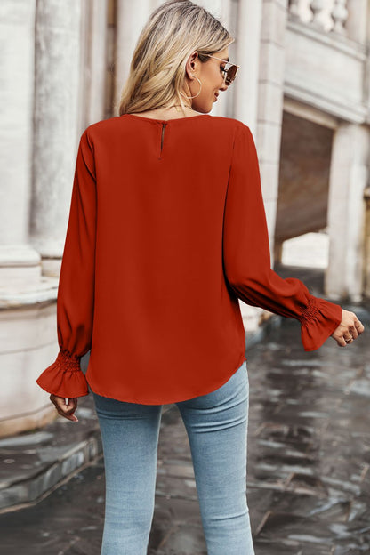 Round Neck Long Flounce Sleeve Blouse-Teresa&#39;s Fashionista LLC