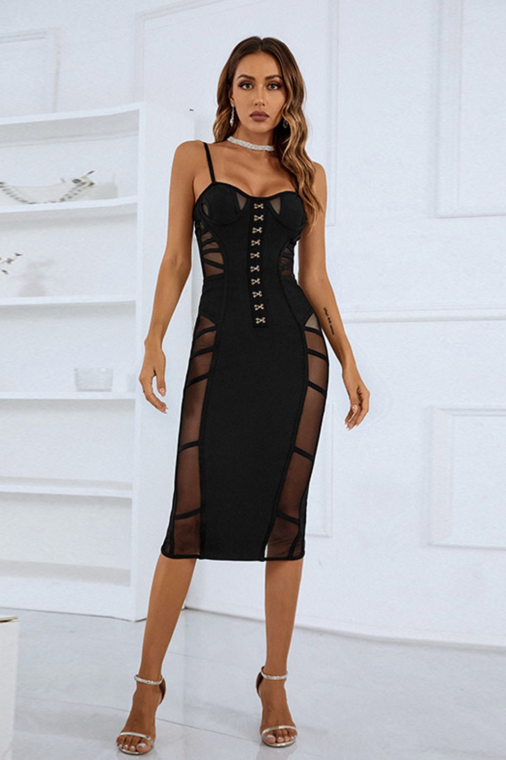 Spaghetti Strap Spliced Mesh Slit Back Dress-Teresa&#39;s Fashionista LLC