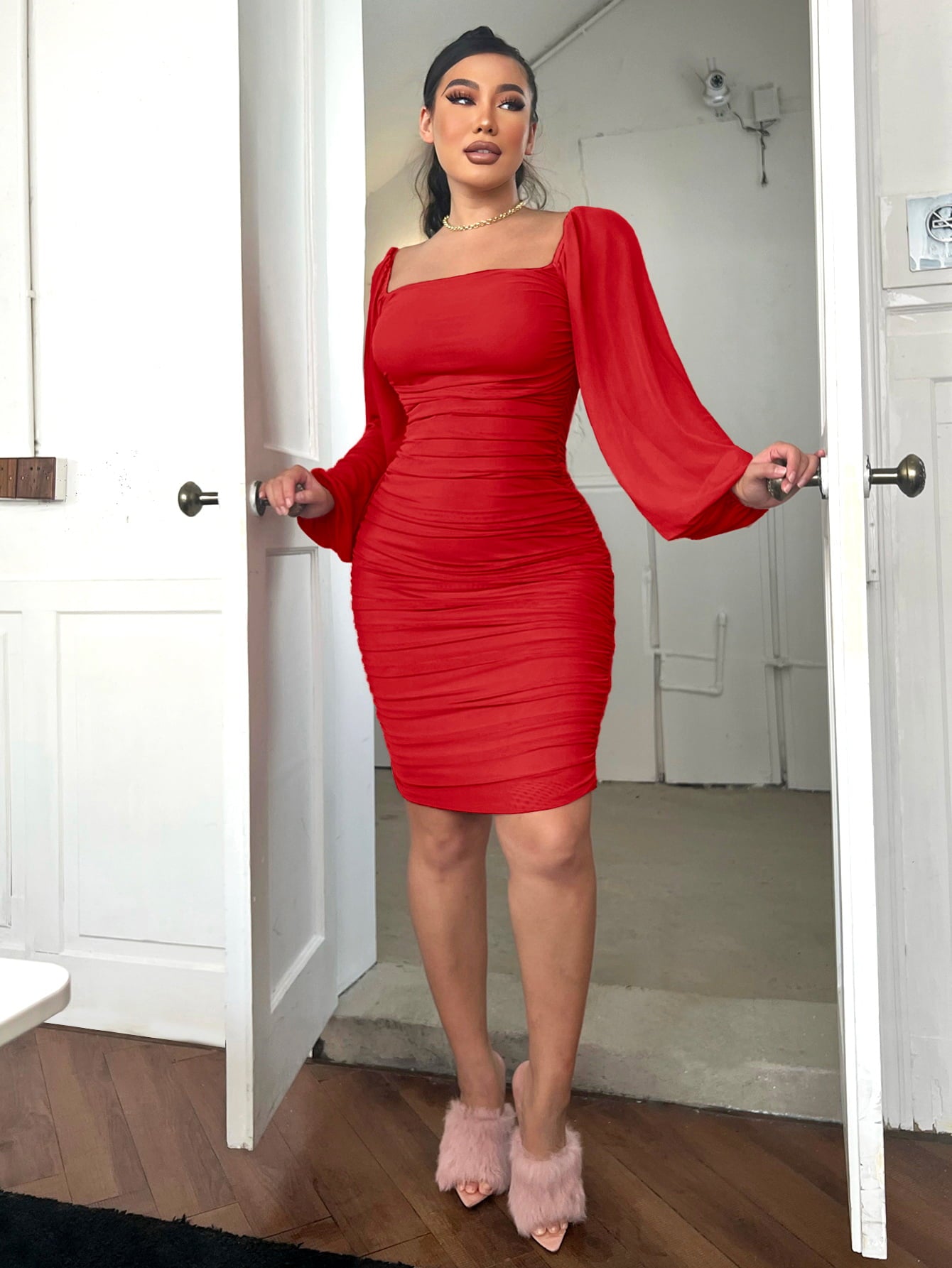 Zip-Back Ruched Bodycon Dress-Teresa&#39;s Fashionista LLC