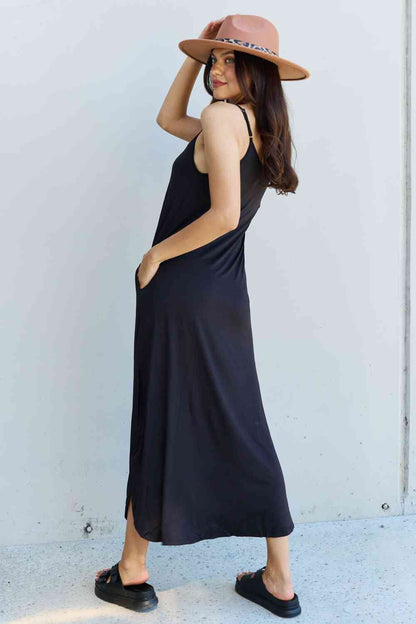 Ninexis Good Energy Full Size Cami Side Slit Maxi Dress in Black-Teresa&#39;s Fashionista LLC