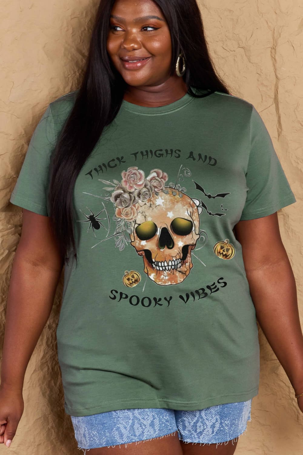 Simply Love Full Size THICK THIGHS AND SPOOKY VIBES Graphic Cotton T-Shirt-Teresa&#39;s Fashionista LLC