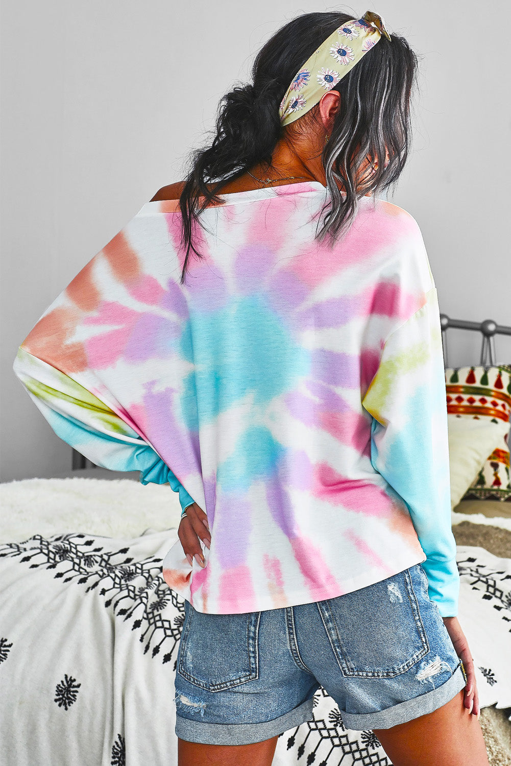 Tie-Dye Boat Neck Batwing Sleeve Tee-Teresa&#39;s Fashionista LLC