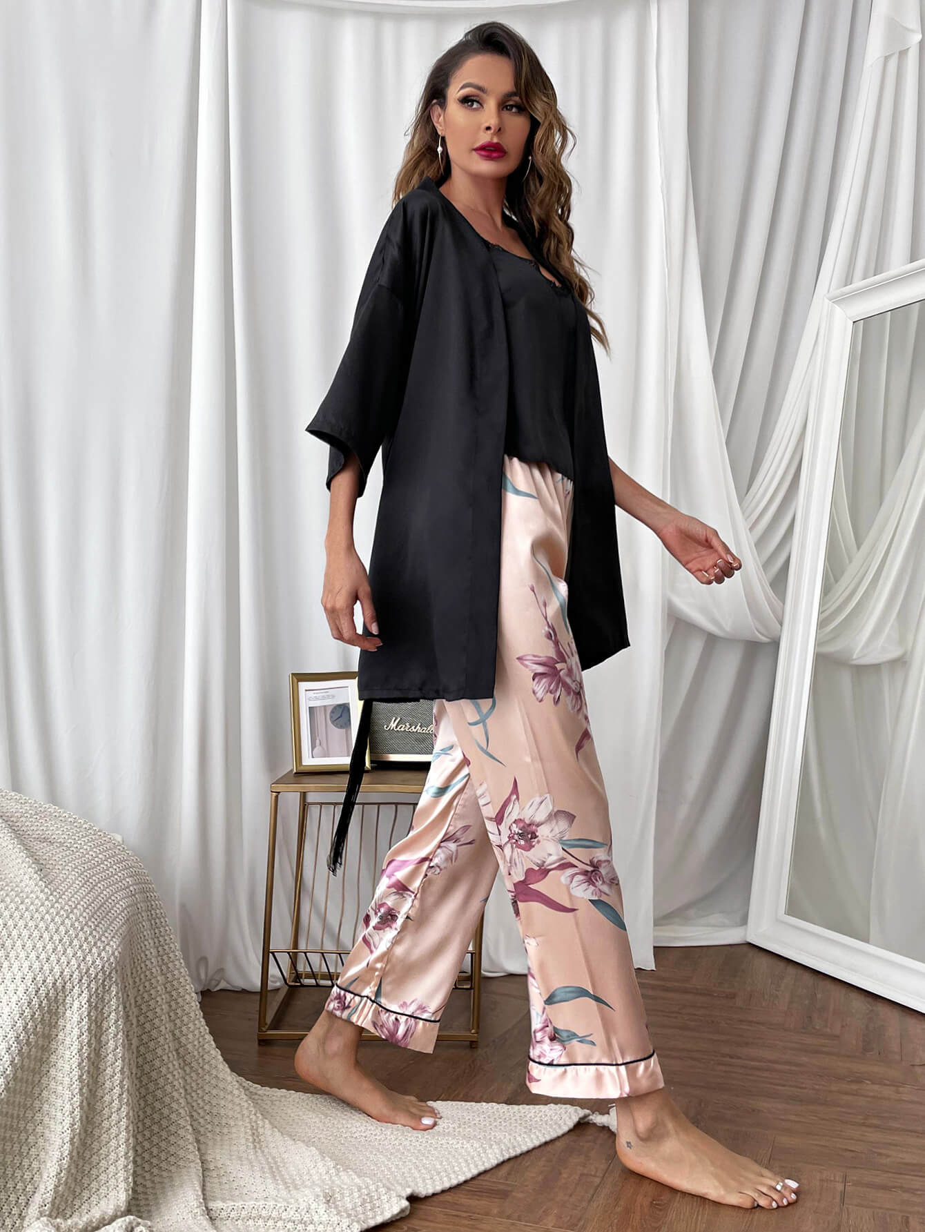 Cami, Robe, and Printed Pants Pajama Set-Teresa&#39;s Fashionista LLC