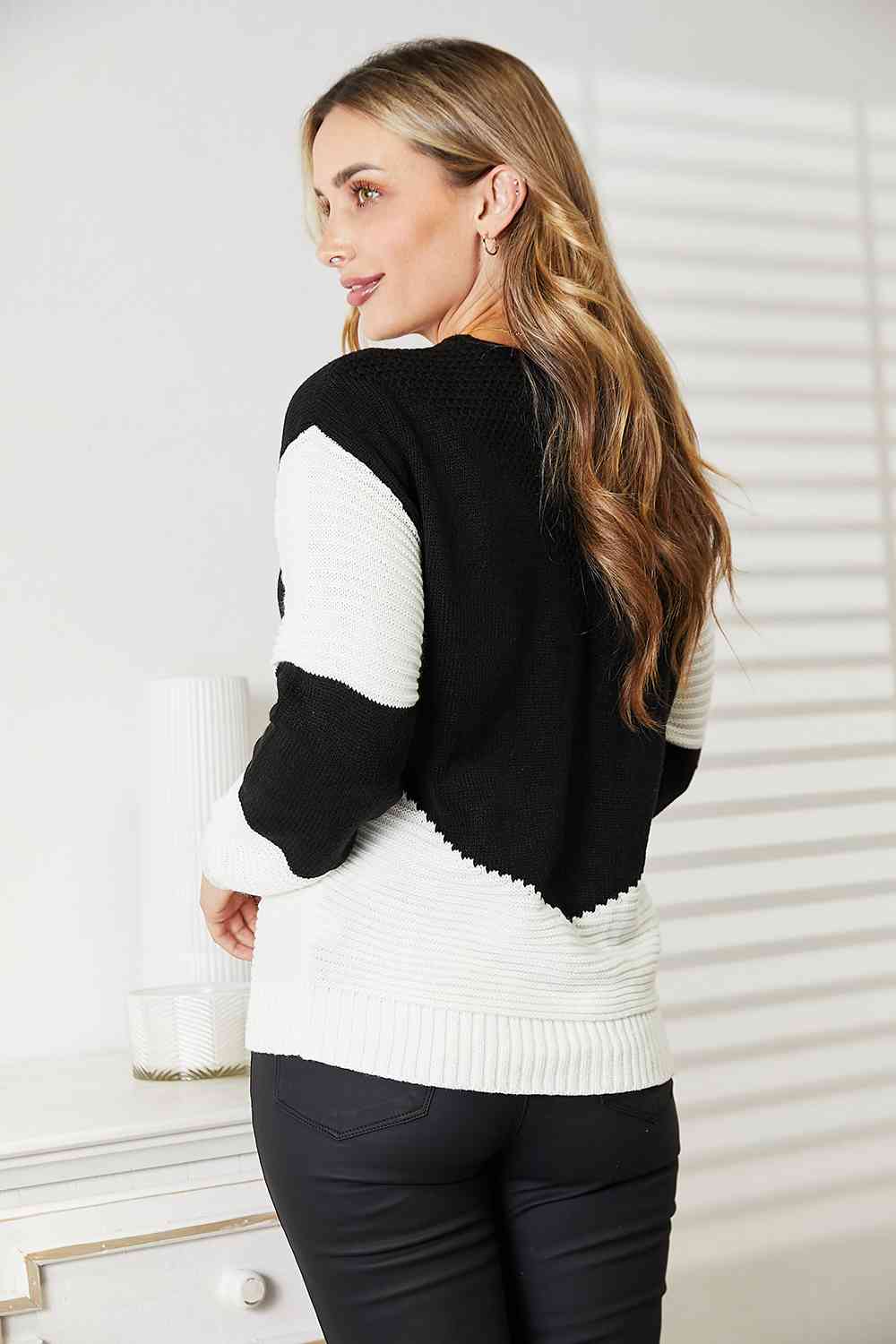 Woven Right Two-Tone Openwork Rib-Knit Sweater-Teresa&#39;s Fashionista LLC