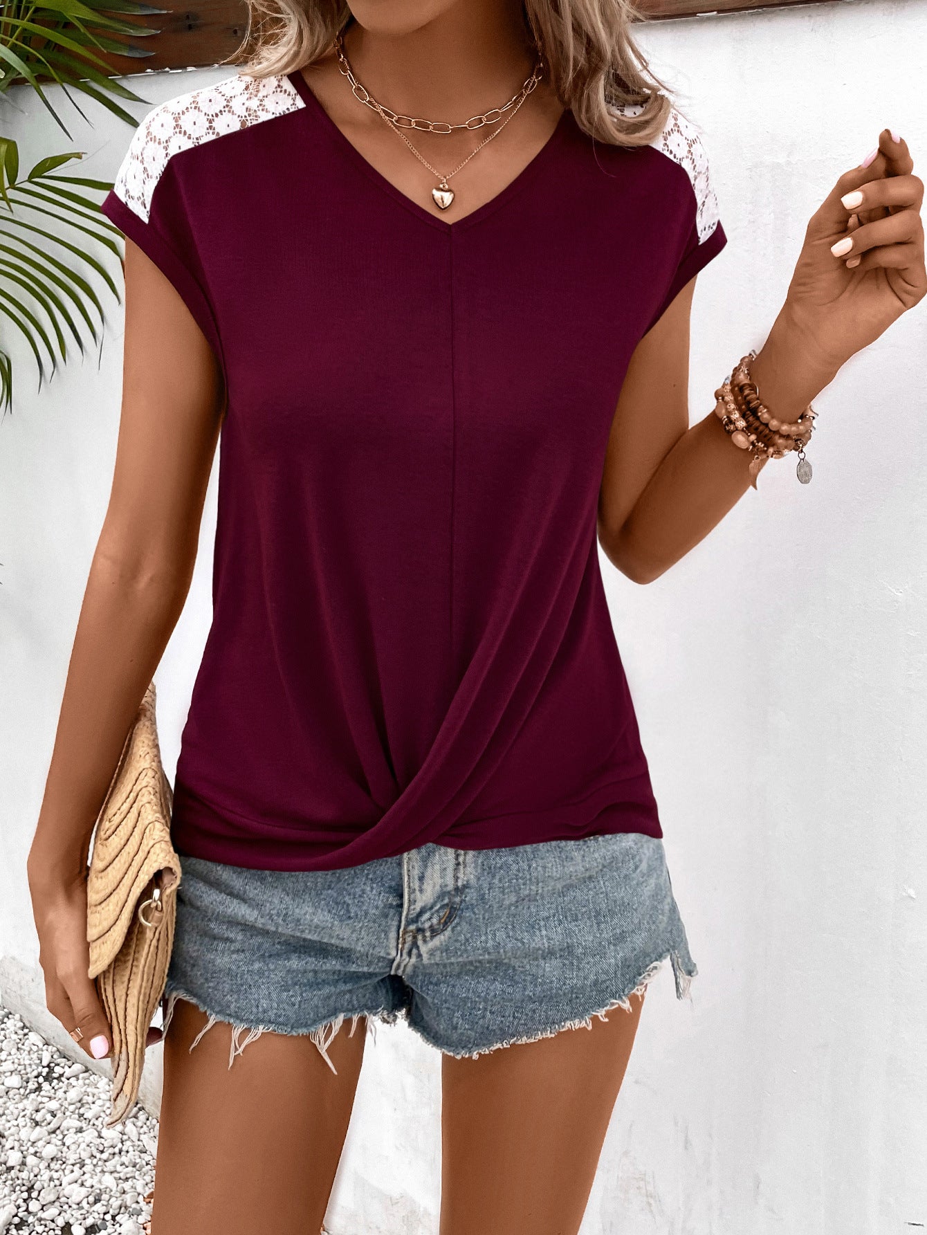 Spliced Lace V-Neck Twisted Hem Tee-Teresa&#39;s Fashionista LLC