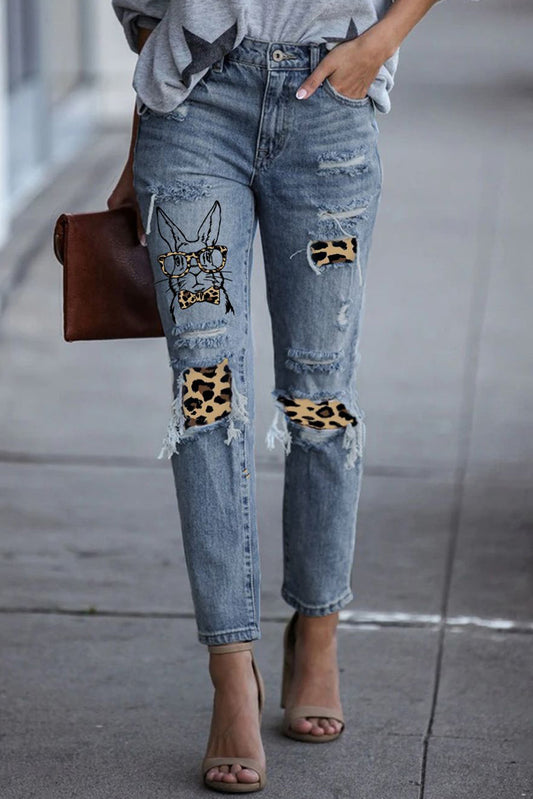 Easter Leopard Patch Bunny Graphic Jeans-Teresa&#39;s Fashionista LLC