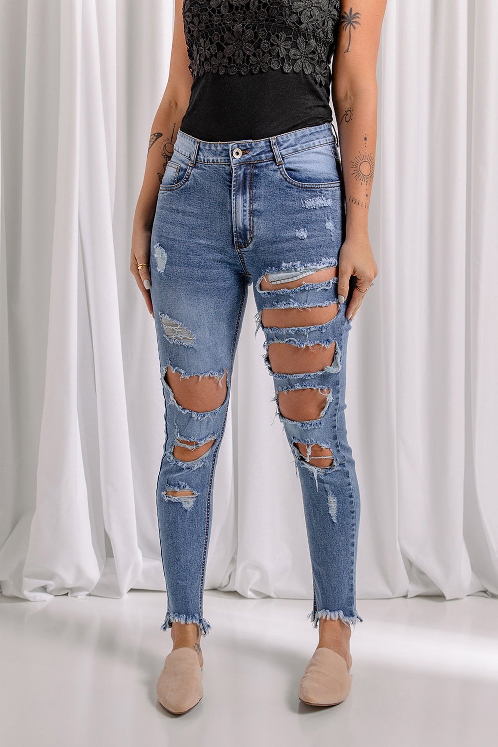 Distressed Raw Hem Skinny Jeans-Teresa&#39;s Fashionista LLC