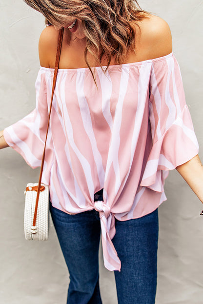 Striped Tie Front Flounce Sleeve Blouse-Teresa&#39;s Fashionista LLC