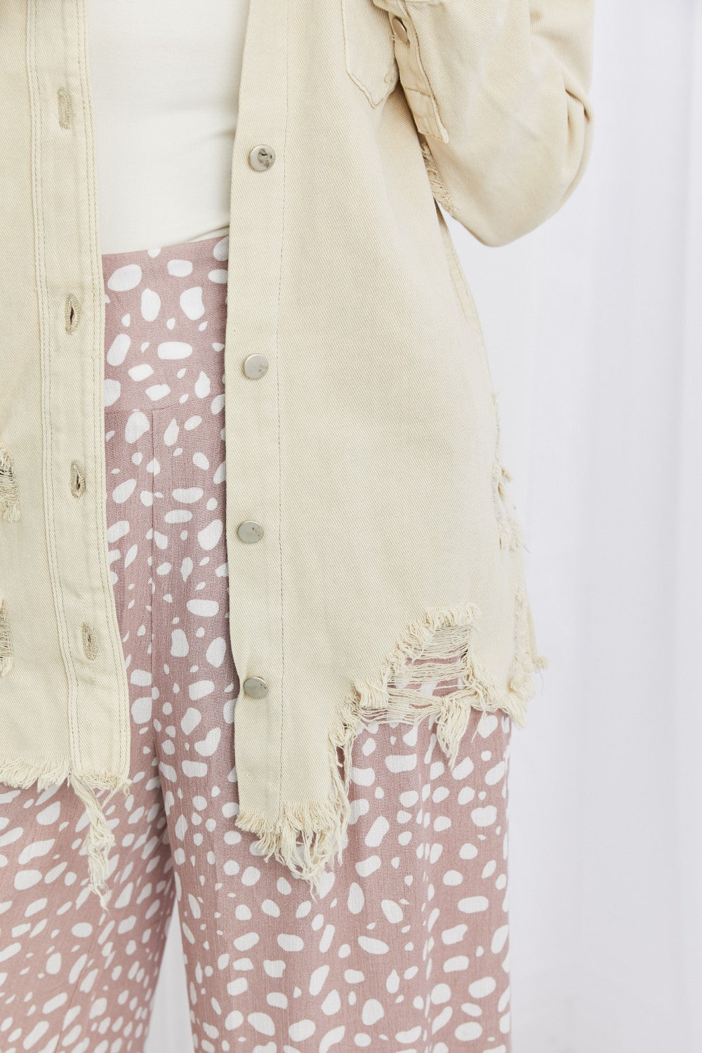 American Bazi Full Size Distressed Button Down Denim Jacket in Sand-Teresa&#39;s Fashionista LLC