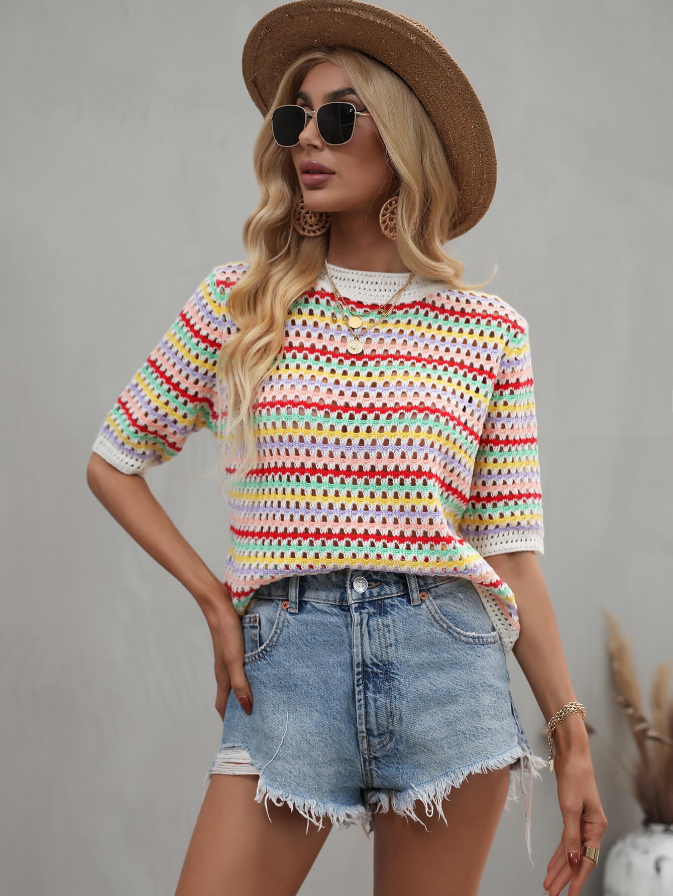 Striped Openwork Half Sleeve Knit Top-Teresa&#39;s Fashionista LLC