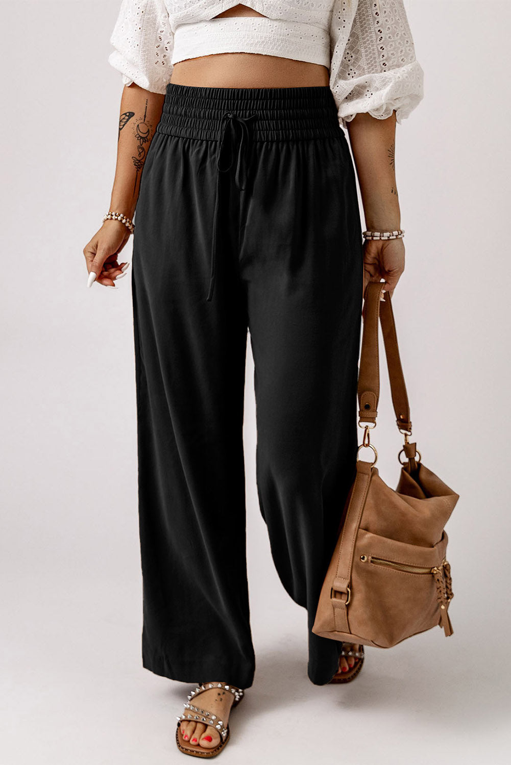 Drawstring Smocked Waist Wide Leg Pants-Teresa&#39;s Fashionista LLC