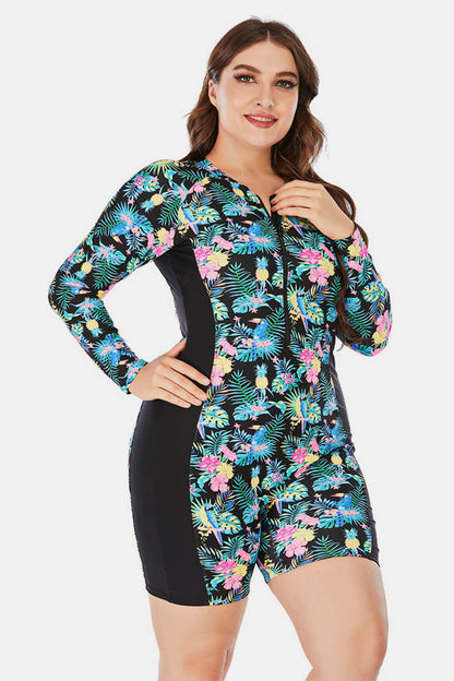 Plus Size Floral Zip Up Long Sleeve Short Wetsuit-Teresa&#39;s Fashionista LLC