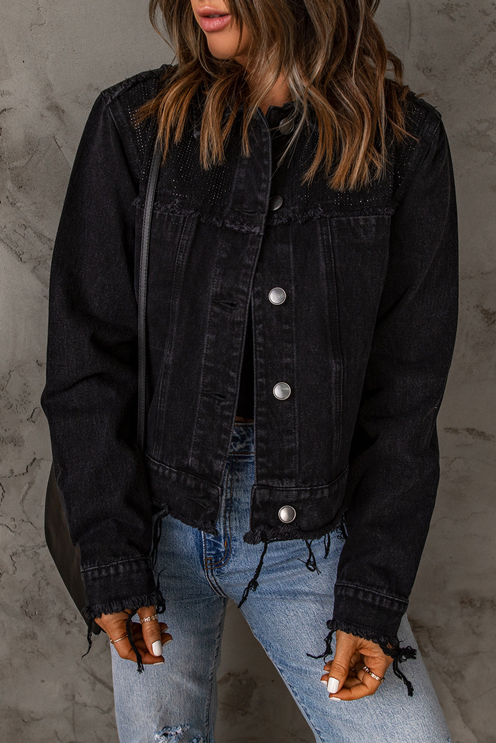 Frayed Trim Button Down Denim Jacket-Teresa&#39;s Fashionista LLC