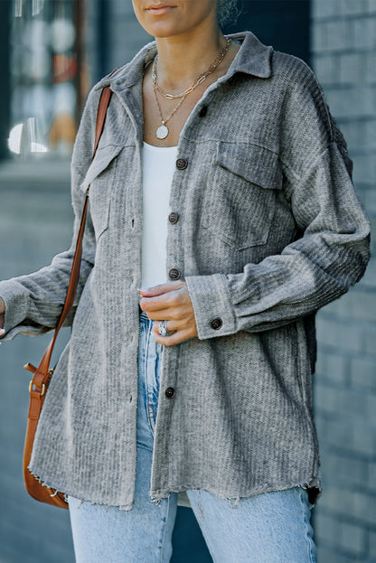 Textured Button Down Shirt Jacket with Pockets-Teresa&#39;s Fashionista LLC