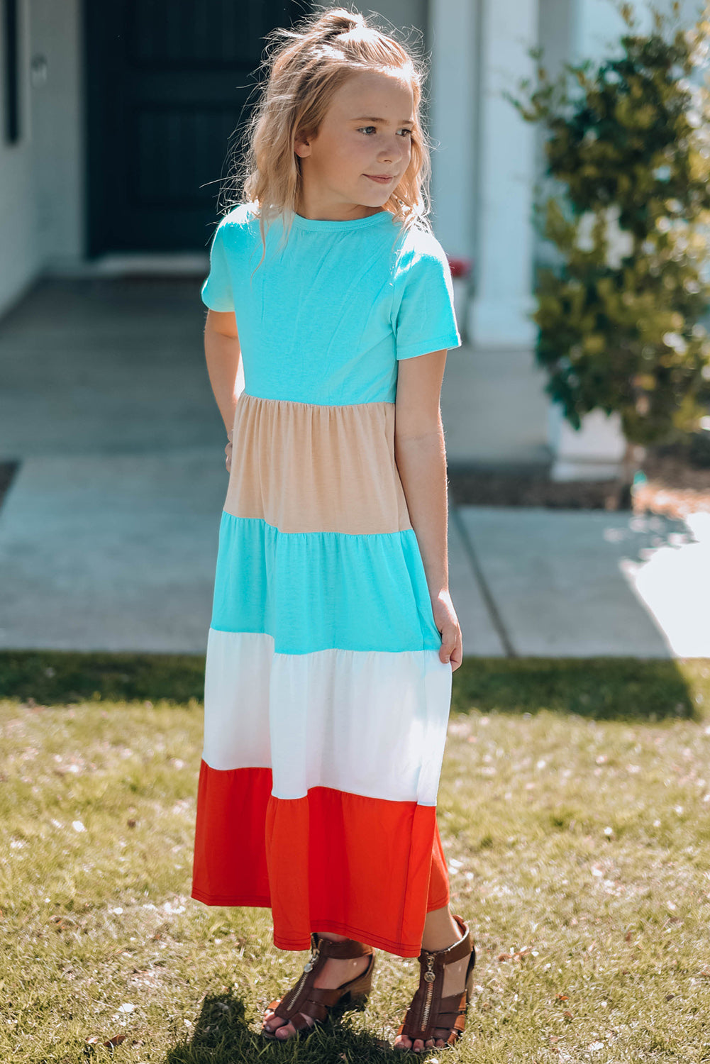 Girls Color Block Round Neck Maxi Dress-Teresa&#39;s Fashionista LLC