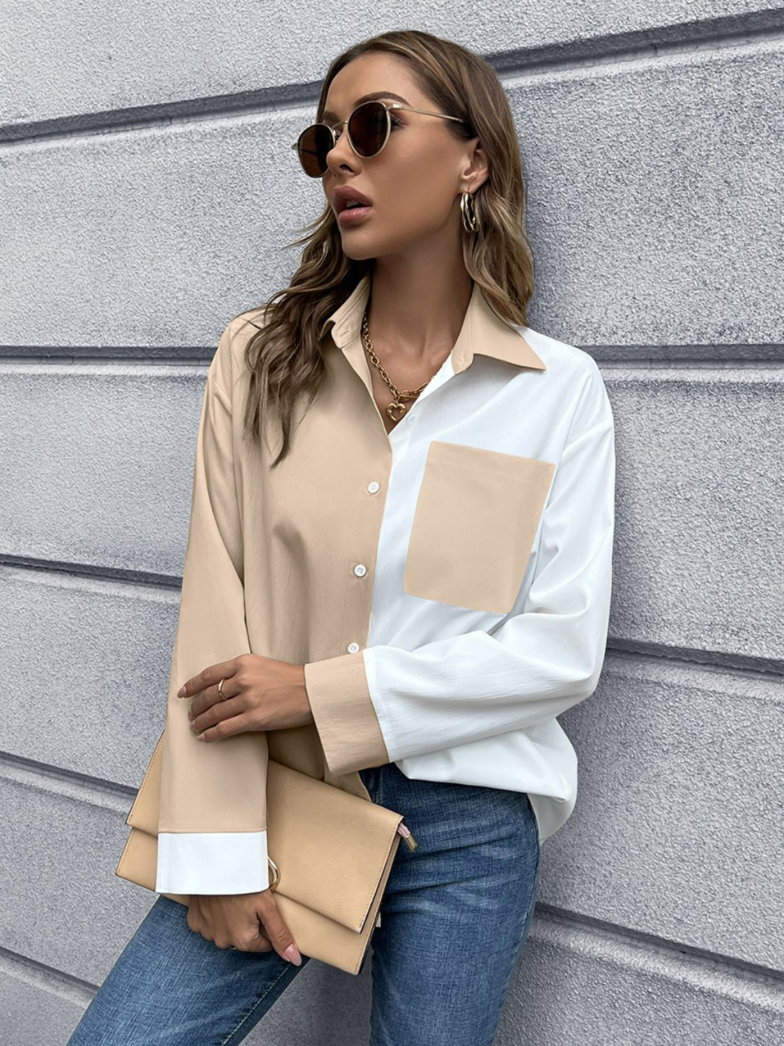 Color Block Button Down Shirt-Teresa&#39;s Fashionista LLC