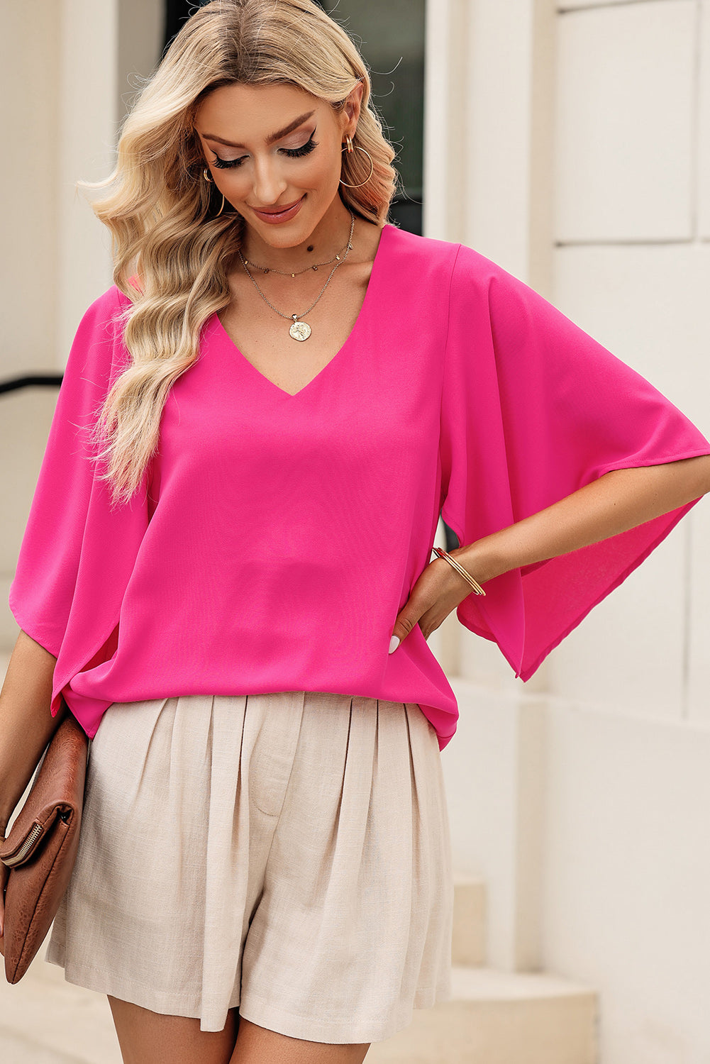 V-Neck Cloak Sleeve Blouse-Teresa&#39;s Fashionista LLC