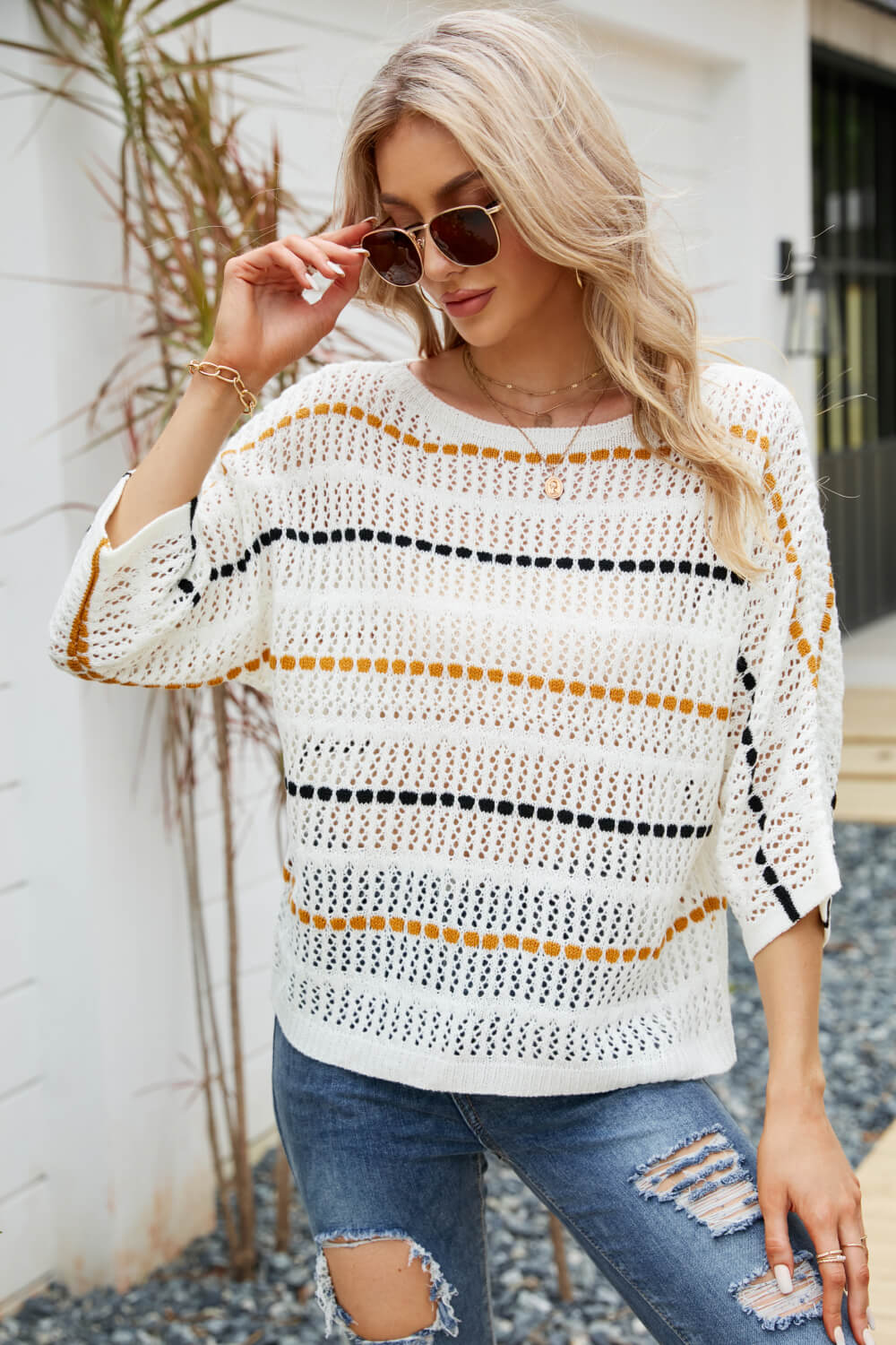 Striped Openwork Three-Quarter Sleeve Knit Top-Teresa&#39;s Fashionista LLC