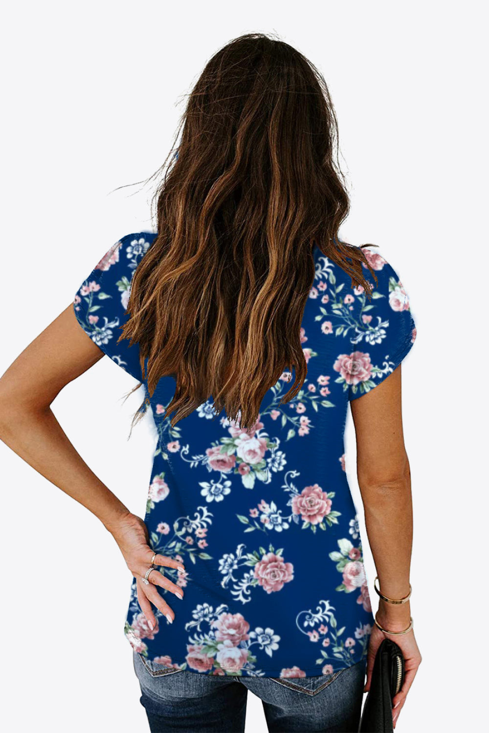 Printed Petal Sleeve V-Neck Blouse-Teresa&#39;s Fashionista LLC