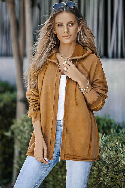 Exposed Seam Drawstring Hooded Jacket with Pockets-Teresa&#39;s Fashionista LLC