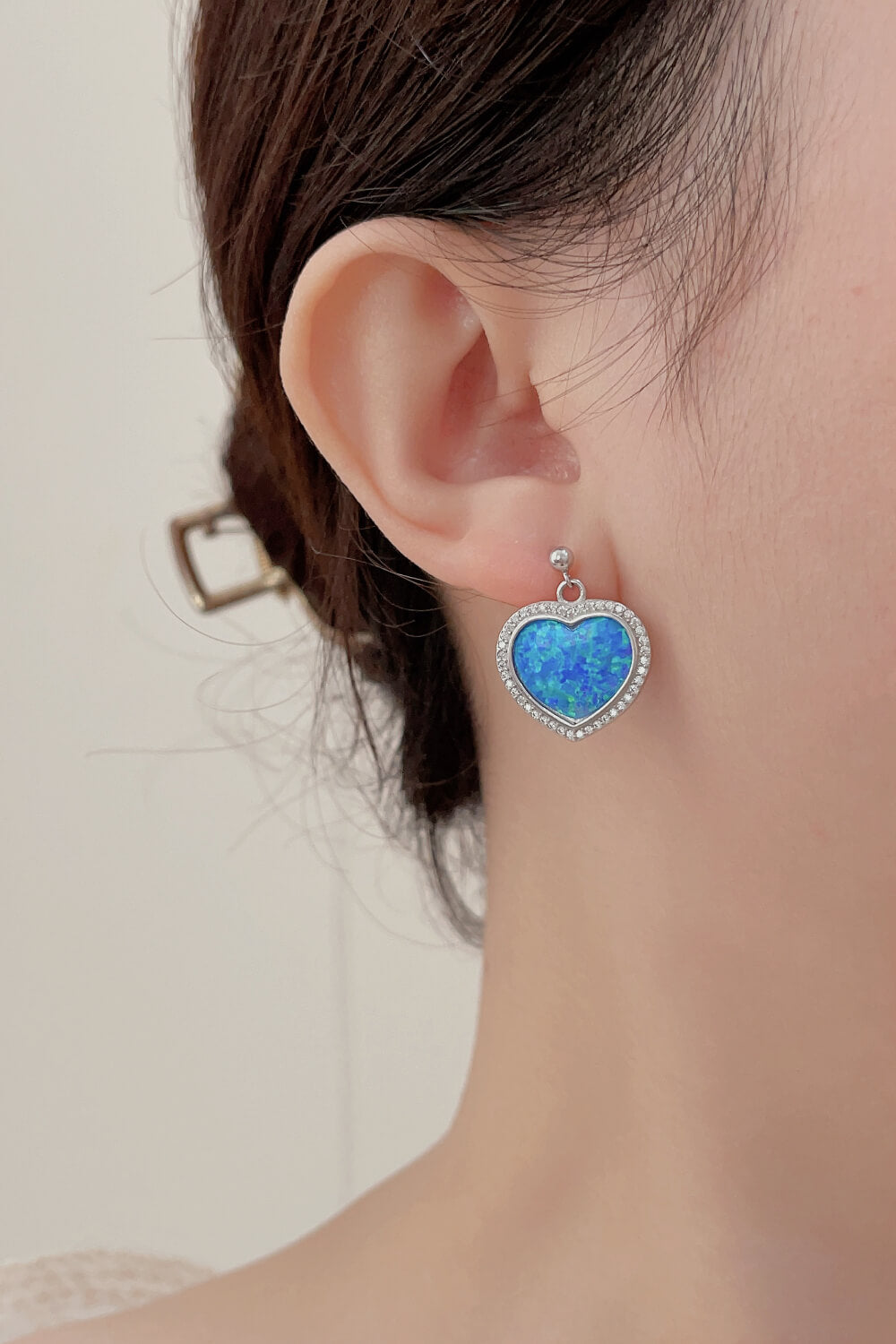 Platinum-Plated Opal Heart Earrings-Teresa&#39;s Fashionista LLC